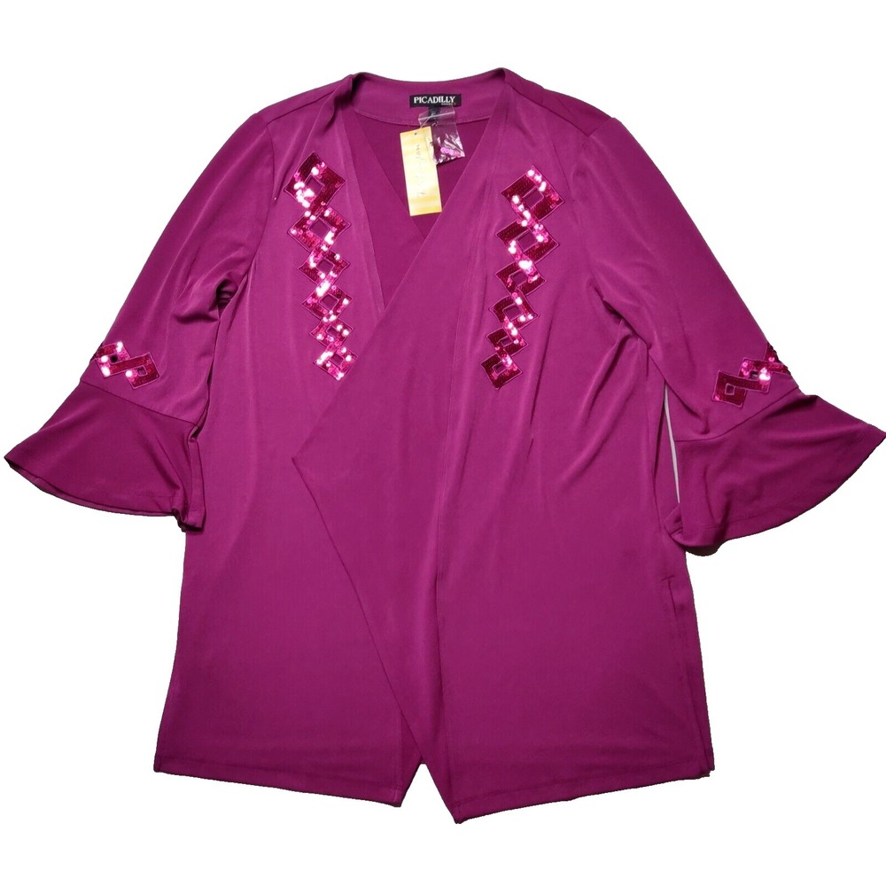 PICADILLY CANADA Women Medium Dark Barberry 3/4 Sleeve Sequin Trim Cardigan NEW
